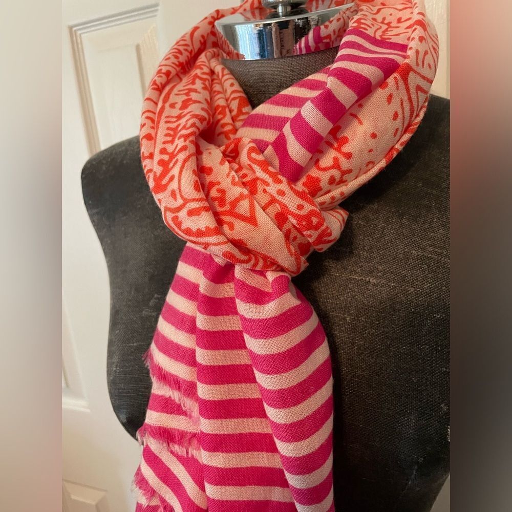 J. McLaughlin Paisley & Stripe Colorful 100% Wool Scarf